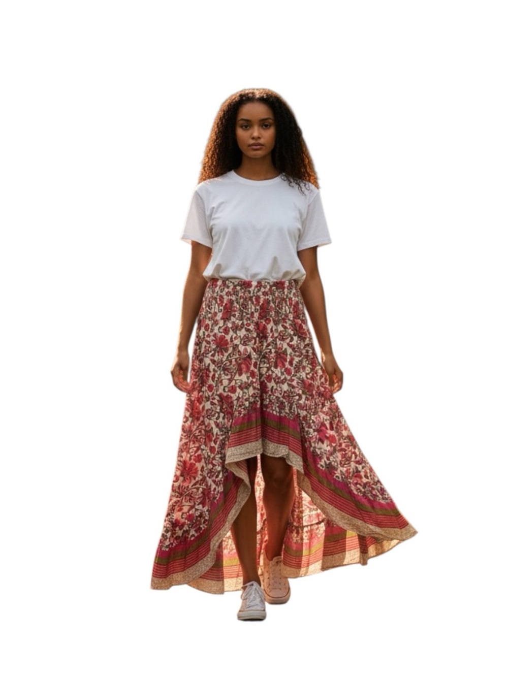 Bohemian Red Floral High-Low Maxi Skirt